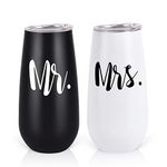 2 Pack Stemless Double Insulated Champagne Flute Tumbler with Lid, Mr. and Mrs. Wine Gifts for Wedding Engagement, 6 Oz Unbreakable Reusable Cocktail Champagne Toasting Glasses, Black and white