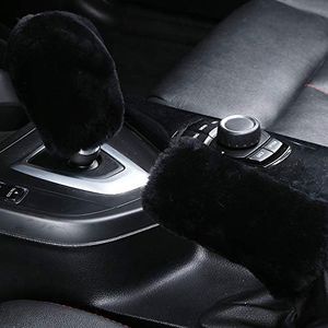 OGLAND Fluffy Natural Fur Sheepskin Car Gear Shift Handle Level Stick Knob Covers for Automobile Selector Handball Collar, Handbrake Cover (Black)