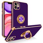 GUAGUA iPhone 11 Case with 360° Ring Holder, Slim Shockproof Kickstand Support Magnetic Car Mount Women Men Non-Slip Protective Phone Cover for iPhone 11 6.1 inch, Dark Purple/Gold