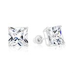 14k White Gold Solitaire Square Princess-cut CZ Stud Earrings with Secure Screw-backs, White Gold, Cubic Zirconia