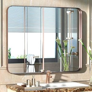PAIHOME Brushed Bronze Wall Mirror, 24x36 Inch Bathroom Mirror Rounded Corner Rectangle Vanity Mirror, Stainless Steel Frame Modern Mirror,Vertical Or Horizontal Hanging Mirrors for Wall Decor