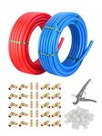 (All in One) EFIELD 1/2-inch Pex-A Tubing/Pipe 2 x100 ft Red & Blue (200 ft), 30 PCS 1/2" Brass Expansion Fittings- Elbow Tee Coupler (30 PCS), 1/2' Expansion Rings (100 Pcs), Pipe Cutter (1/2-inch)