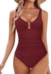 BMJL Women's One Piece Swimsuit Ruched Tummy Control Bathing Suit Modest V Neck Slimming Swimwear(XL,Burgundy)