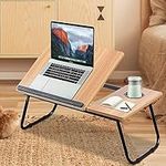 Adjustable Tilting Laptop Folding Table - OKSTENCK Stand Bed Table with Foldable Legs for Laptop and Writing, Adjustable Computer Tray with Cup Slot for Working, Reading on Bed, Sofa, Couch，Walnut