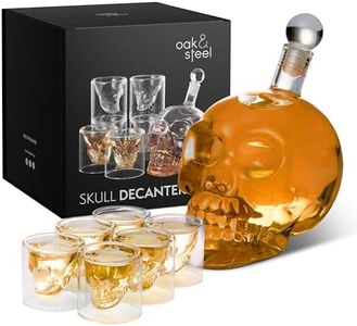 Oak & Steel - Carafe Tête de Mort Crâne (700ml), 6 Verres à Whisky Crâne (75ml) - Déco de Table, Cadeau Original de Saint-Valentin, Fête Pères & Anniversaire pour Homme