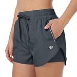 MoFiz Women's Running Shorts Liner Pocket Summer Quick Dry Athletic Gym Yoga Short Dark Grey,XL