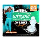 Whisper Bindazzz Nights 30 XXXL Sanitary Pads, Upto 0% Leaks All Night Long, For Super Heavy Flow, Nearly 75% Longer with Wider Back, Double hug wings keep pad in place, Disposable Wrapper