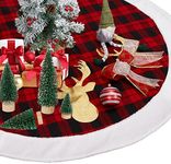 Fashionwu 48 Inch Red Black Buffalo Plaid Christmas Tree Skirt, Large Fur Christmas Tree Skirt Decorations with Reindeer Design for Christmas Tree Indoor Home Holiday Party Decoration