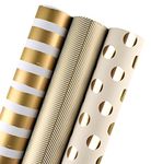 WRAPAHOLIC Wrapping Paper Roll - Gold Print for Birthday, Holiday, Wedding, Baby Shower - 3 Rolls - 30 inch X 120 inch Per Roll