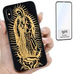 iProductsUS Wood Phone Case Compatible with iPhone Xs, X and Screen Protector-Engraved Virgin Mary Black Bamboo Case, Built-in Metal Plate,Compatible Wireless Charger,TPU Shockproof Cover (5.8")