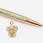 ARTEX Jewllery Crystal Ball Pen : Luxury Necklace Pen,with Crown charm. Gift for her, Executive Officer, Metal, Germany Schmidt Refill. Box. Mini (Gold Pen/White Crown) (AT-APP013)