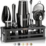 BARE BARREL® Cocktail Making Kit | 16-Piece Bartender Kit Cocktail Shaker Set Maker | Bamboo Display Stand & 35 Recipe Cards | Mixology Cocktail Gift Set (800ml/28oz Boston Shaker, Jet Black/Black)