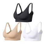 Comfyin Wireless Bras for Women Non Wired Seamless Bras with Removable Pads 3 Pack,Black+White+Beige,S