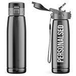 Personalised Water Bottle With Straw 660ml, School Water Bottles Boys Girls, Gym Bottle Bpa Free Cycling Sports Add Your Custom Text To Bottle (Black)