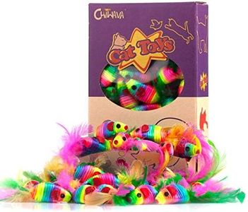 Chiwava 24PCS 5" Rattle Cat Toys Mice with Feather Rainbow Rope Mouse Kitten Interactive Toy Assorted Color