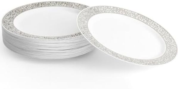 MATANA 20 Reusable 10.25 Inch Sliver Plastic Party Plates White Silver Lace Trim - Premium Heavy Duty Dinner Plates, Elegant Fancy Plastic Plates for Wedding Receptions, Bridal Shower, Birthday, Event