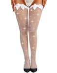 RSLOVE Fishnet Stockings for Women - Women's Sparkle Rhinestone Tights with Knot Bow Sexy Fishnets Hosiery Lingerie One Size White