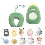 JOYRAVO Kids Travel Pillow - 2-in-1 Deformable Neck Pillow, Soft U-Shaped Pillow with Cute Plush Animals Comfy Sleep and Play Companion for Airplanes, Cars, and Travel - Dinosaur