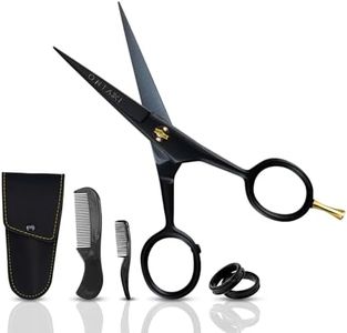 ONTAKI 5” German Beard Scissors & Mustache Scissors - 2 Combs (Beard Comb + Mustache Comb) with Carrying Pouch - Hand Forged Beard Trimming Scissors with Finger Rest (Black (410C German Steel))