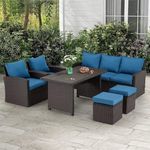 LOCCUS 6 Pieces Patio Furniture Sets Clearance, Patio Dining Sofa Set Outdoor Sectional Sofa Conversation Set All Weather Wicker Rattan Couch Dining Table & Chair with Ottoman (Blue)