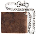 F&L CLASSIC RFID Blocking Mens bi-fold Style Cowhide Leather Steel Chain Wallet,USA, brown vintage leather, Solid