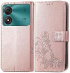 RankOne Leather Case for ZTE Blade A34 (6.6 Inches), Wallet Case with 3 Card Slots, 1 Coin Pocket, Four-Leaf Clover Pattern - Rose Gold