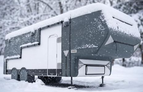KING BIRD 5th Wheel RV Cover, Heavy Duty Enhanced Cover Snow Protection, Fits 33-37ft Travel Trailers Campers, with Adhesive Repair Patches,Windproof Straps&Tire Covers