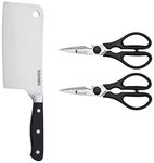 Amazon Brand - Solimo Premium High-Carbon Stainless Steel Meat Cleaver/Knife & Premium High-Carbon Stainless Steel Detachable Kitchen Scissors Set, Set of 2, Silver