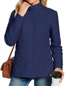 Anyhold Women's Lightweight Full Zip Jacket Diamond Quilted Coat Long Sleeve Stand Collar Trendy Winter Coat with Pockets, Purplish Blue, Medium