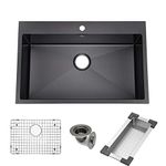 Yutong 31" x 20" Black Top-Mount/Drop in Stainless Steel Kitchen Sink (Single Bowl with Black Grid and Colander)