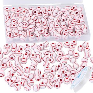 100pcs Baseball Beads with 5.5 Yard Elastic Rope,Acrylic Softball Beads Sports Beads DIY Spacer Beads for Necklace Bracelet Keychains Handmade Jewelry Making Accessories Craft Supplies,12mm(White)