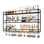 GWLQRTXV Large 59in/150cm Wine Rack with LED Lights Wall Mounted Bottle Glass Holder, 3-Tiers Liquor Floating Shelves Display Storage Organizer Hanging Long Stemware Goblet Metal for Home Bar Black