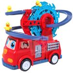 Famous Quality 5 in 1 Fire Engine Slide Toy Set, Automatic Slide Down Duck Toy Race Track Toy Rotating Ferris Wheel Toy Duck Slide Toy Fire Truck Toy with Universal Wheel, Movable Eyes, Music & Lights