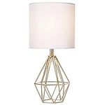 COTULIN Gold Modern Hollow Out Base Bedroom Small Table Lamp,Bedside Nightstand Lamp with Geometric Metal Base White Fabric Shade,Cute Desk Lamp for Kids Living Room