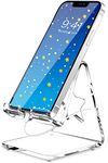 Crpich Acrylic Cell Phone Stand for Desk, Clear Phone Holder with Star-Shaped Charging Hole, Compatible with Phone15 14 13 12 Pro Max Mini 11 Xr Plus, Switch, Android Smartphone, Pad, Desk Accessories