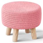 Wimarsbon Pouf Ottoman, 100% Cotton Knitted Boho Footstool, Round Footrest with Non-Skid Wood Legs, Home Décor Handmade Pouffe, Leisure Floor Step Stool for Living Room (Pink)