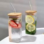 SKDBPM Mason Jars with Glass Straws and Airtight Wooden Lids - Pack of 2, 350ml Drinking Glass Cups, Reusable Travel Tumbler for Juice, Iced Tea, Smoothie, Beer,Cold Coffee