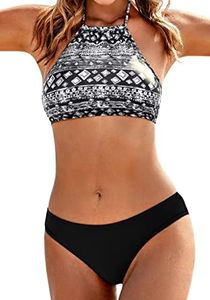 Ekouaer High Neck Bikini Halter Bikini Set Two Piece Floral Full Coverage Swimsuits for Women Juniors Black Tribal XX-Large