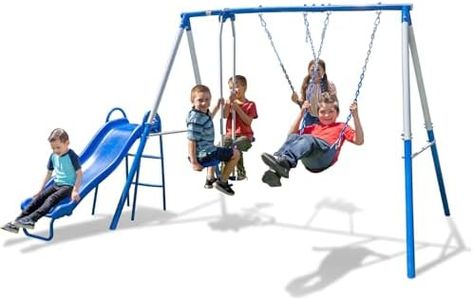 Sportspower Albany Metal Swing Set with 2 Adjustable Swings, Glider and Slide, Blue/White