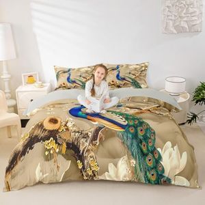 Feelyou Peacock Comforter Cover Set Peacock with Floral Bedding Set for Kids Adults Girls Animals Duvet Cover Botanical Bedspread 1 Duvet with 1 Pillowcase Twin Size (No Comforter)
