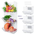 X-cosrack Metal Wire Basket Wall Mount, 3 Tier Wall Storage Basket Organizer with Chalkboards Hooks, Kitchen Fruits and Vegetables Produce Bin Rack Toys Organizer Bathroom Tower Hanging Basket (White)