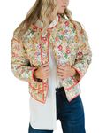 Fylovery Women's Short Puffer Jacket Floral Print Stand Collar Open Front Quilted Coat Fall Winter Long Sleeve Padded Jacket Outerwear (Orange R, M)