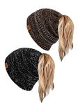 soul young Ponytail Messy Bun Beanie Tail Knit Hole Soft Stretch Cable Winter Hat for Women(One Size,2 Pack - 3 Tone Black&3 Tone Coffee)