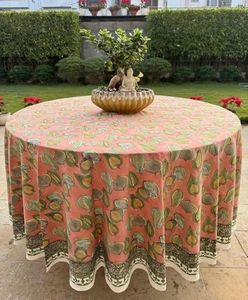 Ridhi Round Tablecloth Hand Block Print 100% Cotton Reusable Salmon Pink 110 Inch Table Cover Decorative Everyday Use for Dining, Home, Party, Wedding, Farmhouse, Party Gift for Spring, Mother's Day