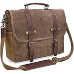 Laptop Messenger Bag for Men 15.6 Inch Waterproof Waxed Canvas Vintage Genuine Leather Briefcase, Brown