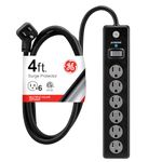 GE 6-Outlet Surge Protector, 4 Ft Extension Cord, Power Strip, 800 Joules, Flat Plug, Twist-to-Close Safety Covers, Protected Indicator Light, UL Listed, Black, 33659
