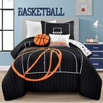 Lush Decor Basketball Game Reversible Quilt Set, 4 Piece Set, Twin, Black & Orange - Soft Kids Bedding Set - Basketball Decor - Sports Quilt - Kids Bedroom Decor