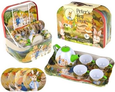 Regal Games Peter's Tea Party Set - Peter Rabbit Designed Kid's Tea Time Set - Includes 1 Teapot, 4 Cups, 4 Saucers, 1 Platter & Storage Case - Ideal Birthday & Easter Gift for Ages 5+