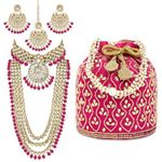 Peora Combo of Rani Pink Kundan Bridal Necklace Set with Potli Bag Gift for Women