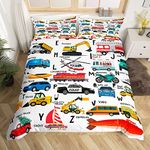 Loussiesd Excavator Kids Bed Cover Fire Truck Police Car Boys Duvet Cover Helicopter Motorcycle Ambulance Toddler Bedding Set Alphabet Vehicle Cars 2Pcs Bedding Single